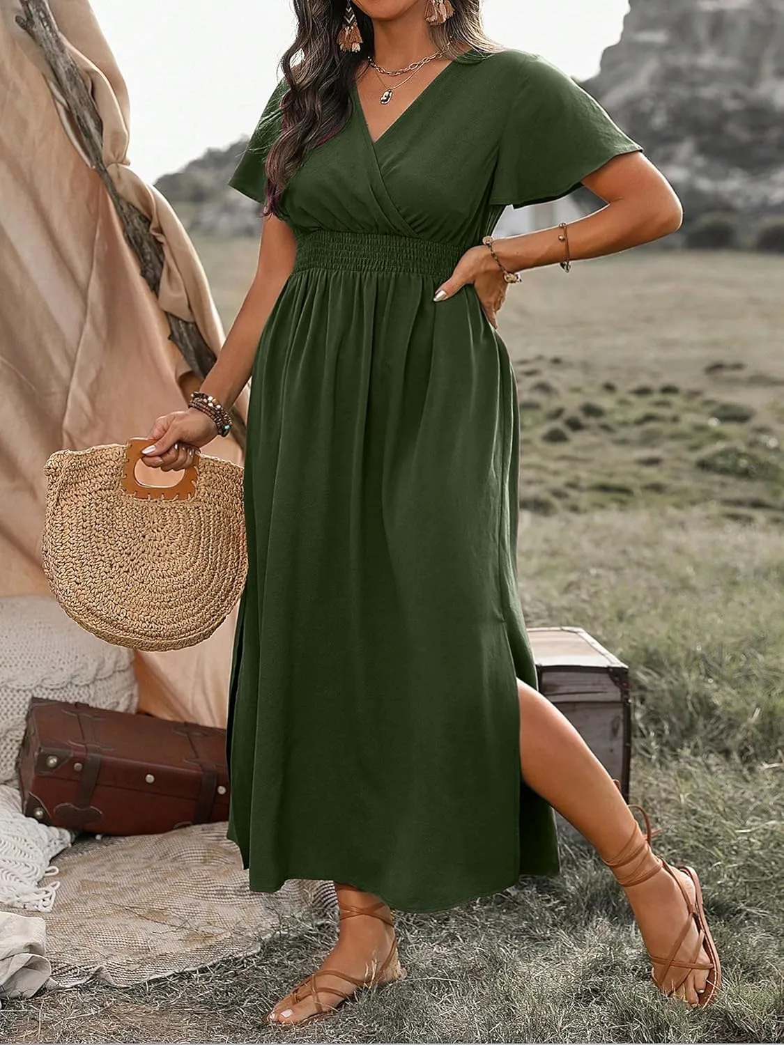 Plus Size Maxi Dress for Women Wrap V Neck Short Sleeve Smocked High Waist Side Split Flowy A Line Casual Elegant Long Dress