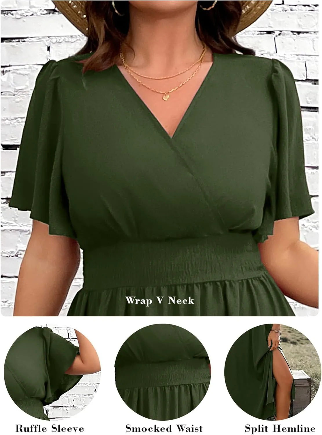 Plus Size Maxi Dress for Women Wrap V Neck Short Sleeve Smocked High Waist Side Split Flowy A Line Casual Elegant Long Dress