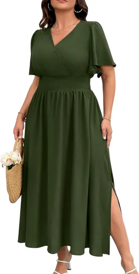 Plus Size Maxi Dress for Women Wrap V Neck Short Sleeve Smocked High Waist Side Split Flowy A Line Casual Elegant Long Dress