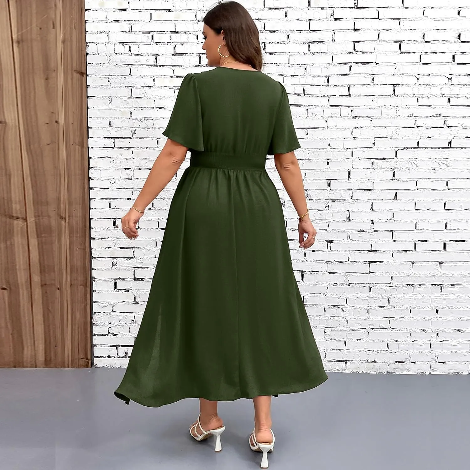 Plus Size Maxi Dress for Women Wrap V Neck Short Sleeve Smocked High Waist Side Split Flowy A Line Casual Elegant Long Dress