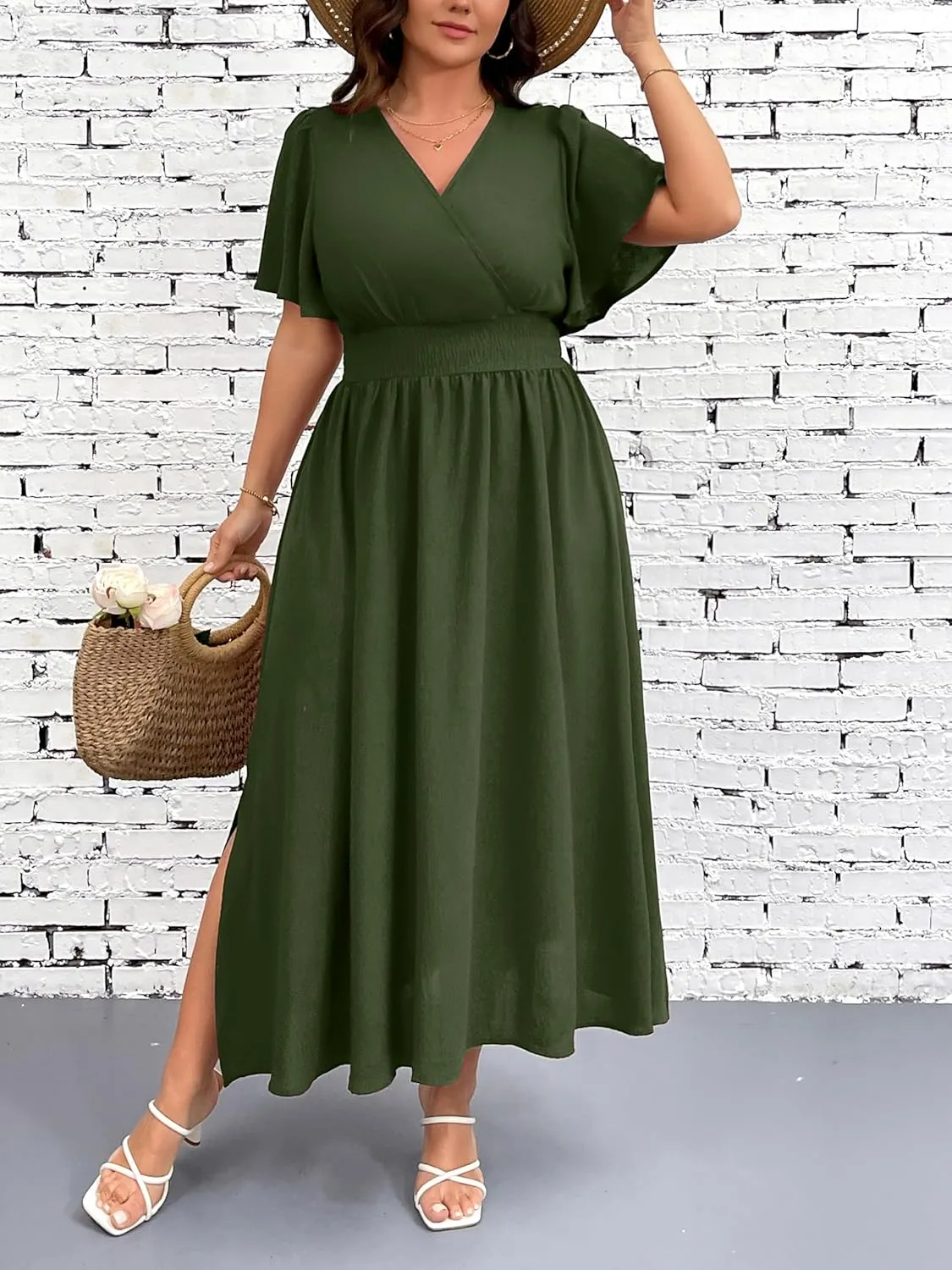 Plus Size Maxi Dress for Women Wrap V Neck Short Sleeve Smocked High Waist Side Split Flowy A Line Casual Elegant Long Dress