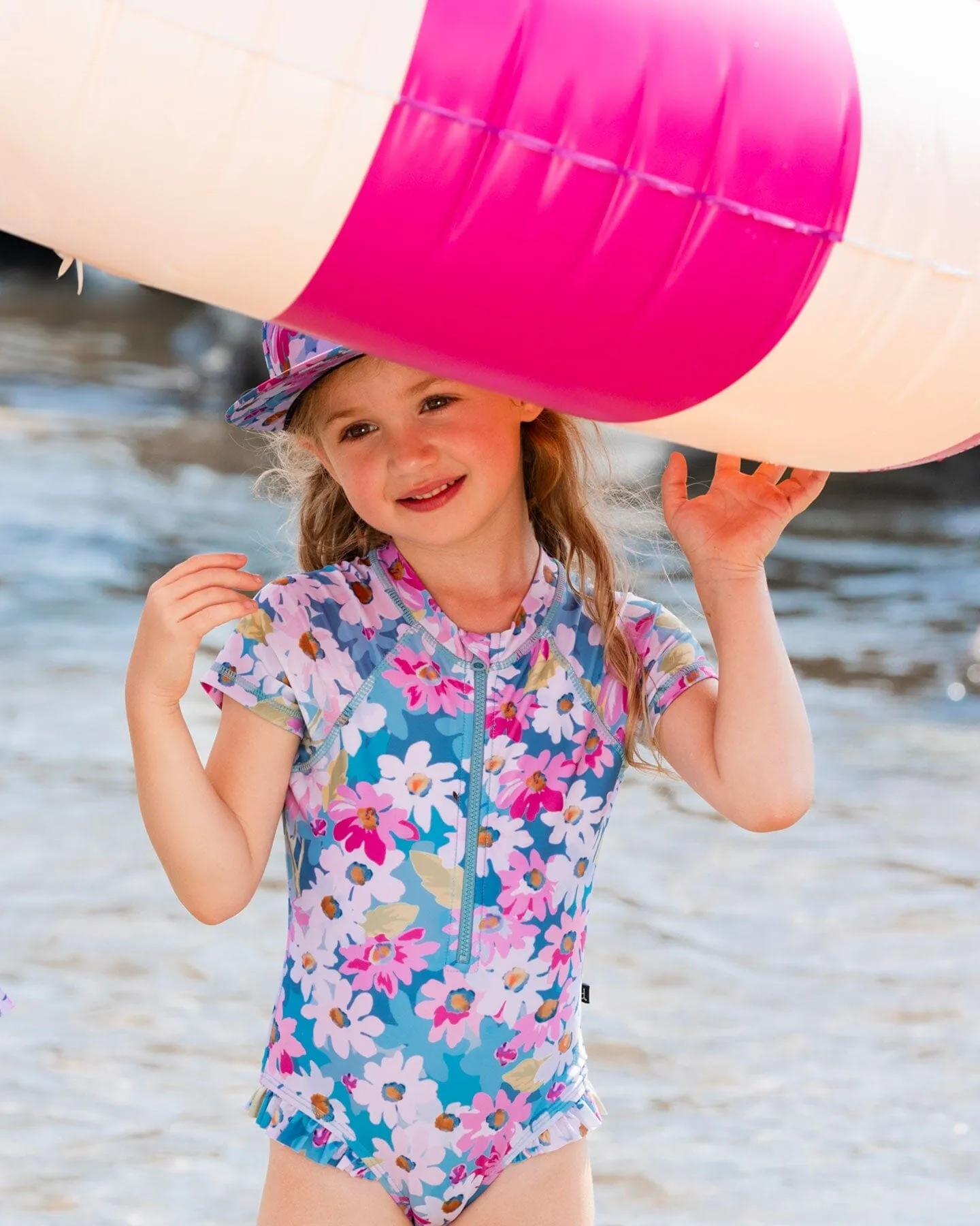 Printed Short Sleeve One-Piece Swimsuit With Frills White, Pink, And Green Flowers