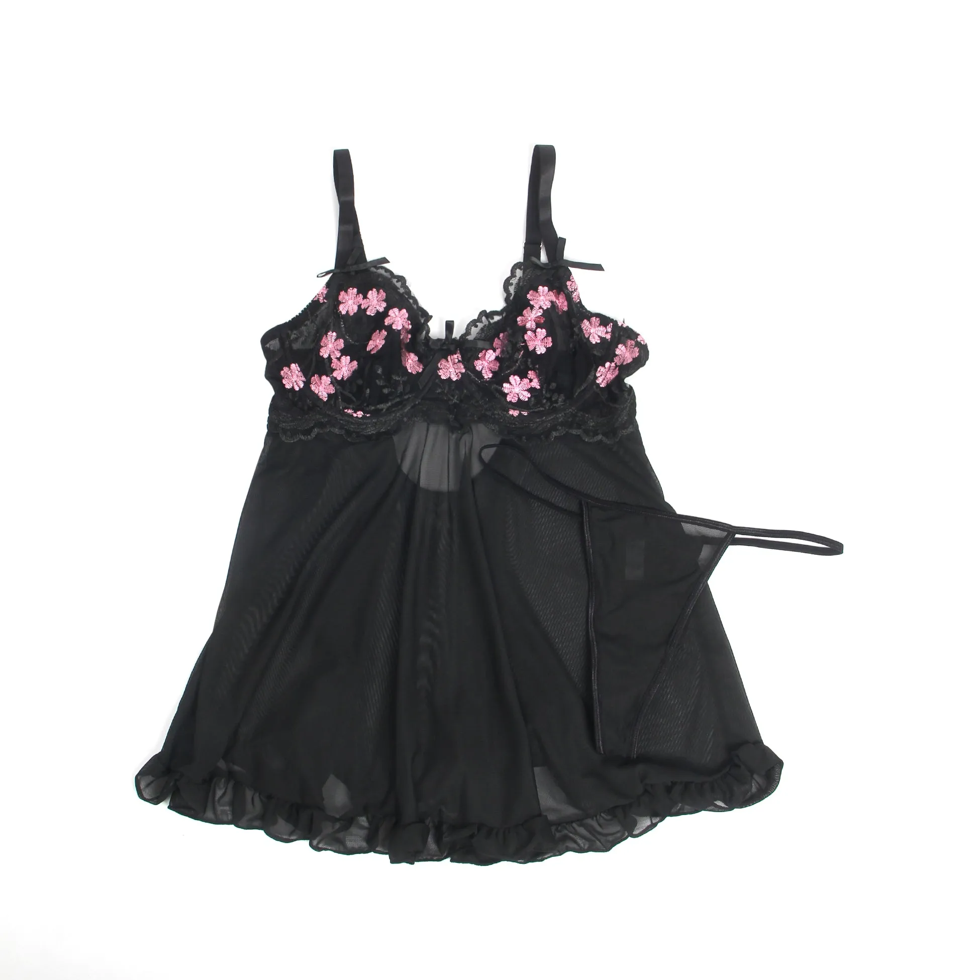 Sexy Mesh Embroidery Lace Lift Bra Suspender Nightdress