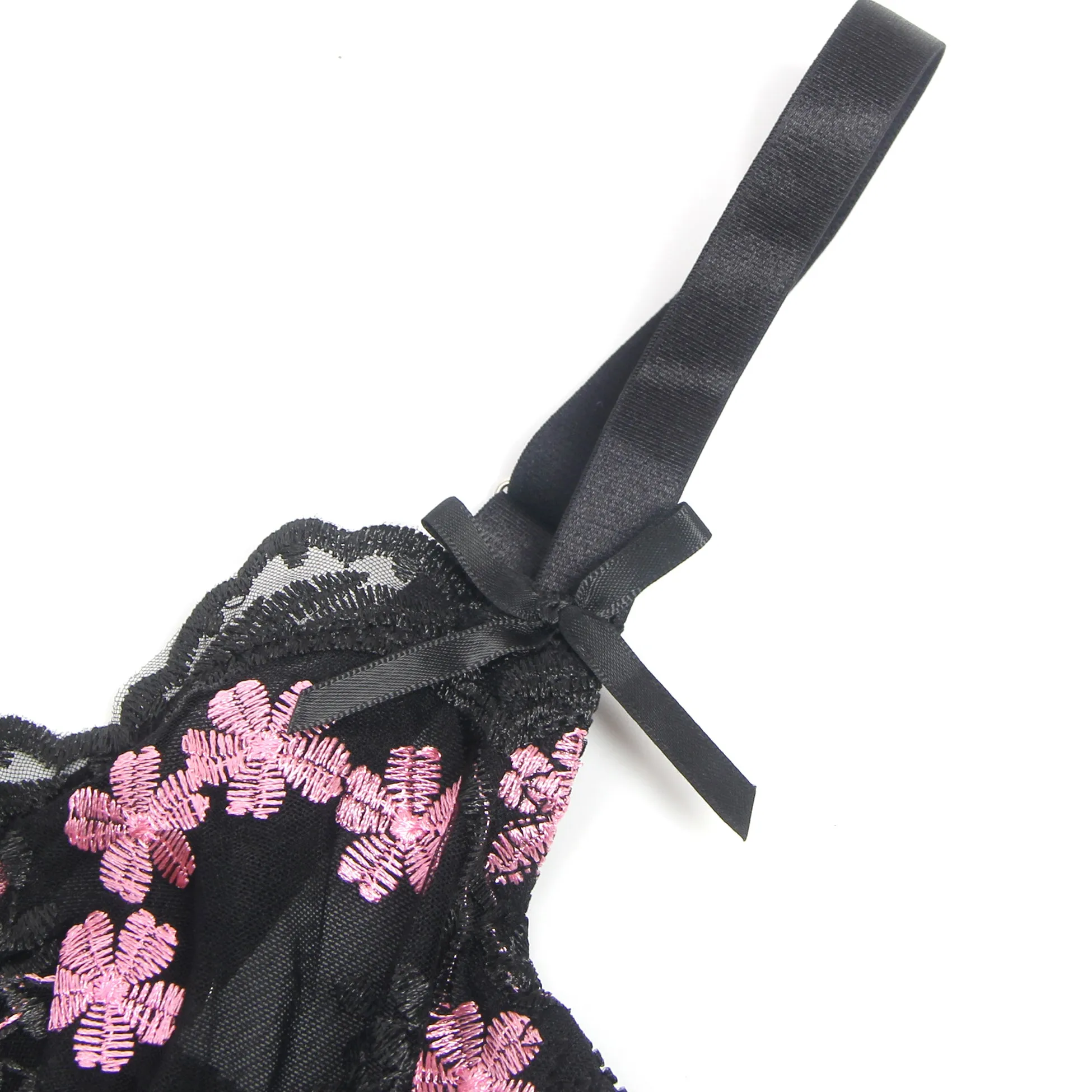 Sexy Mesh Embroidery Lace Lift Bra Suspender Nightdress