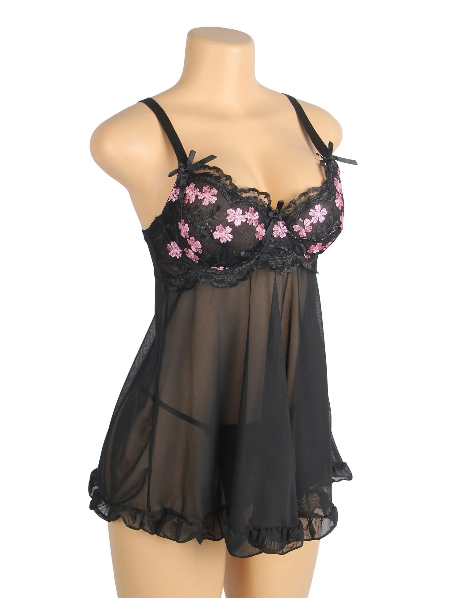 Sexy Mesh Embroidery Lace Lift Bra Suspender Nightdress