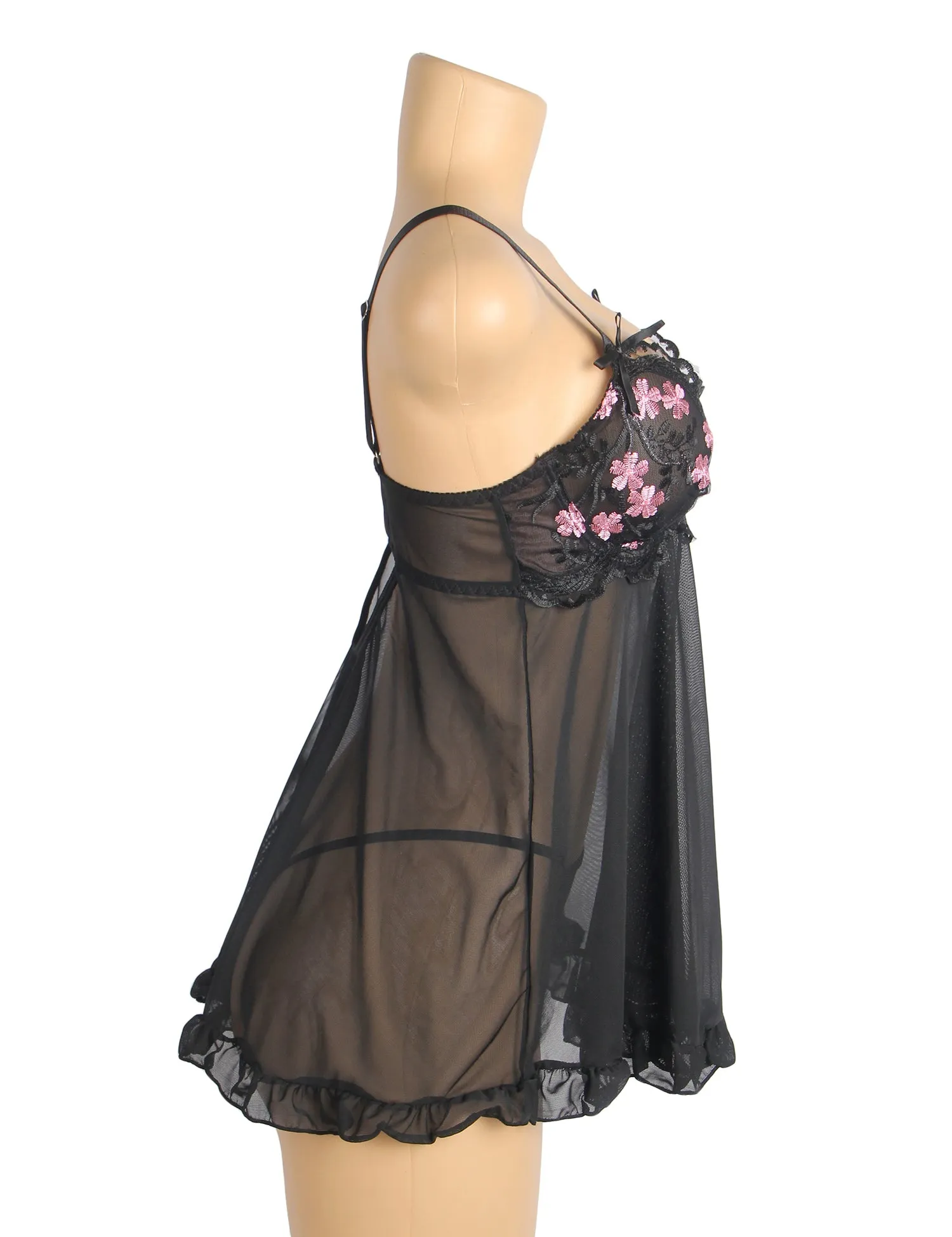 Sexy Mesh Embroidery Lace Lift Bra Suspender Nightdress