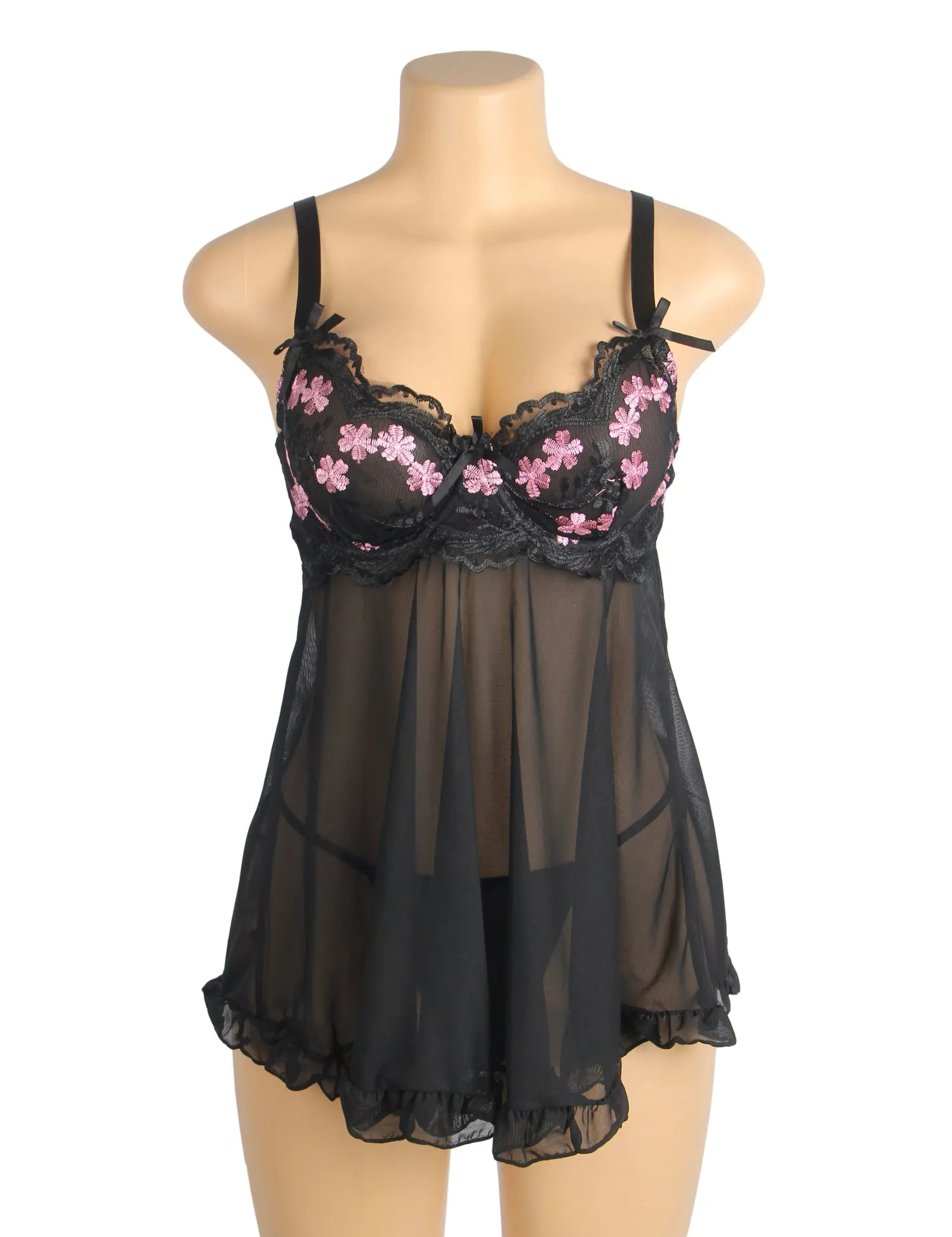 Sexy Mesh Embroidery Lace Lift Bra Suspender Nightdress