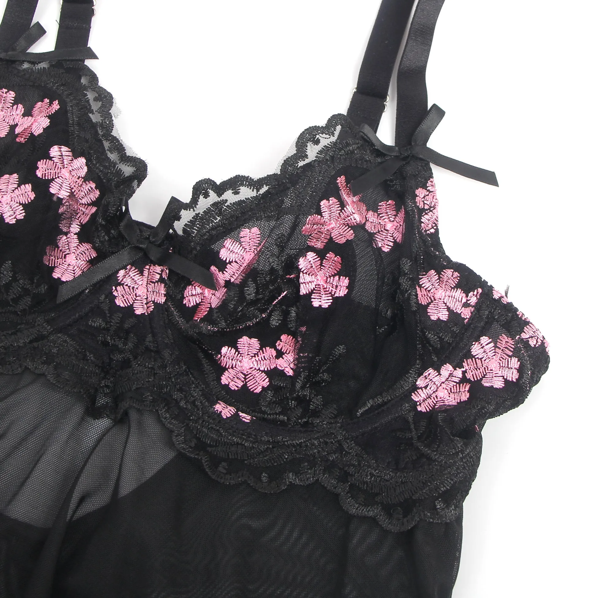 Sexy Mesh Embroidery Lace Lift Bra Suspender Nightdress