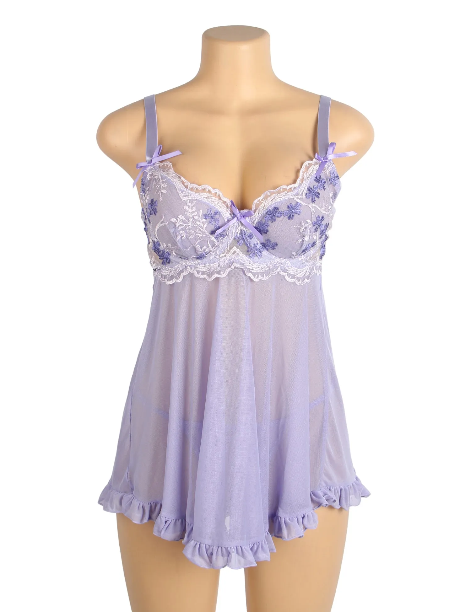 Sexy Mesh Embroidery Lace Lift Bra Suspender Nightdress