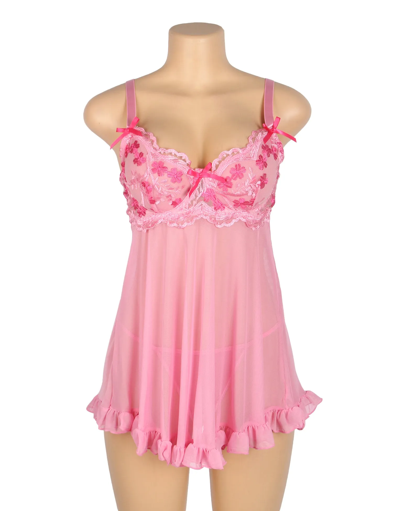 Sexy Mesh Embroidery Lace Lift Bra Suspender Nightdress