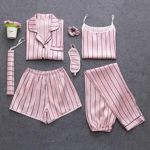 Sleepwear 7 Pieces Pajama Set Women Autumn Winter Sexy Pajamas Sets Sleep Suits Soft Sweet Cute Nightwear Gift Home Clothes