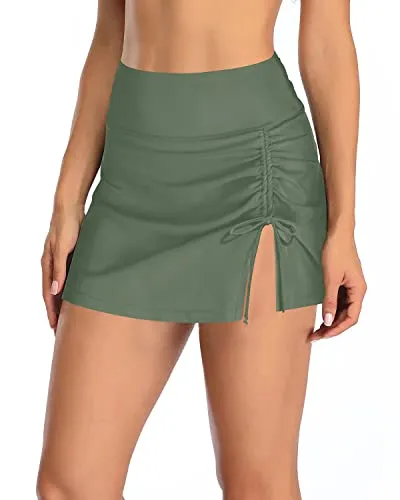 Swim Skirt With Built In Briefs Tummy Control Swimwear Wrap Skirt-Olive Green