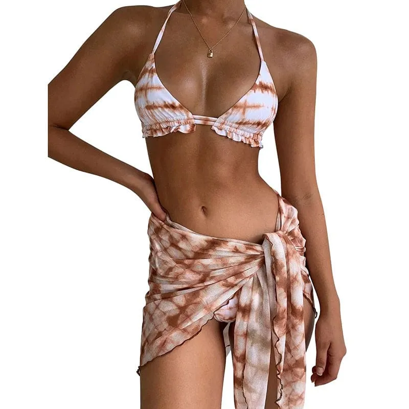 Three-Piece Tropical Print Halter Triangle Bikini Swimsuit