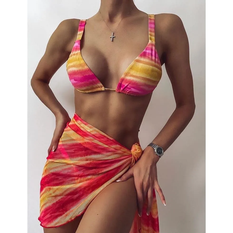 Three-Piece Tropical Print Halter Triangle Bikini Swimsuit