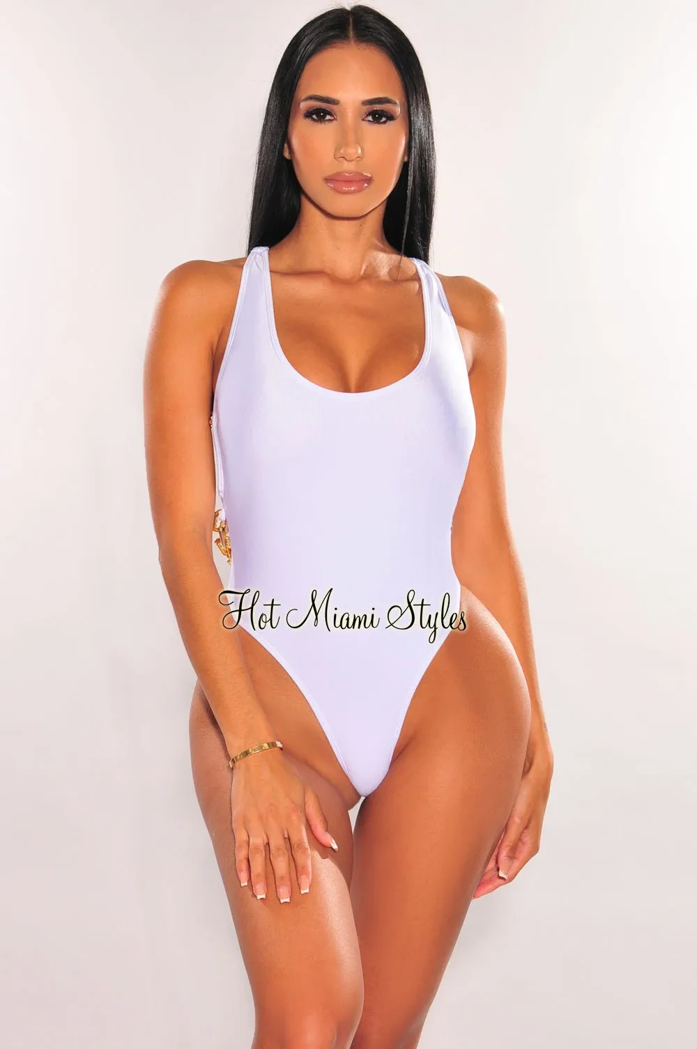 White Gold Chain Scoop Neck Crisscross Swimsuit