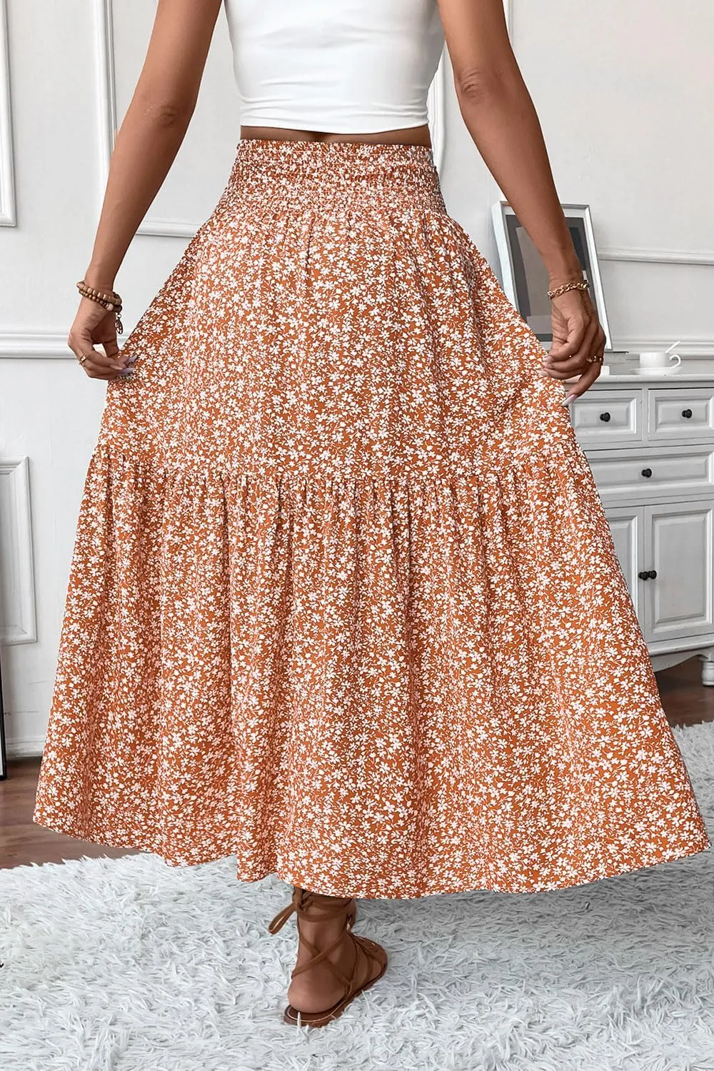 Women's Smocked High Waist Maxi Skirt Casual Boho Long Skirts with Pockets
