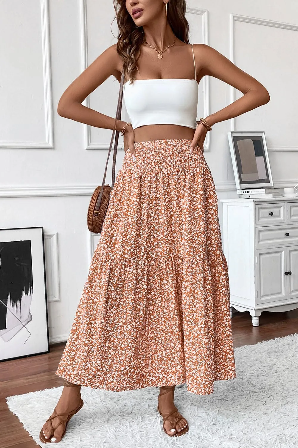 Women's Smocked High Waist Maxi Skirt Casual Boho Long Skirts with Pockets