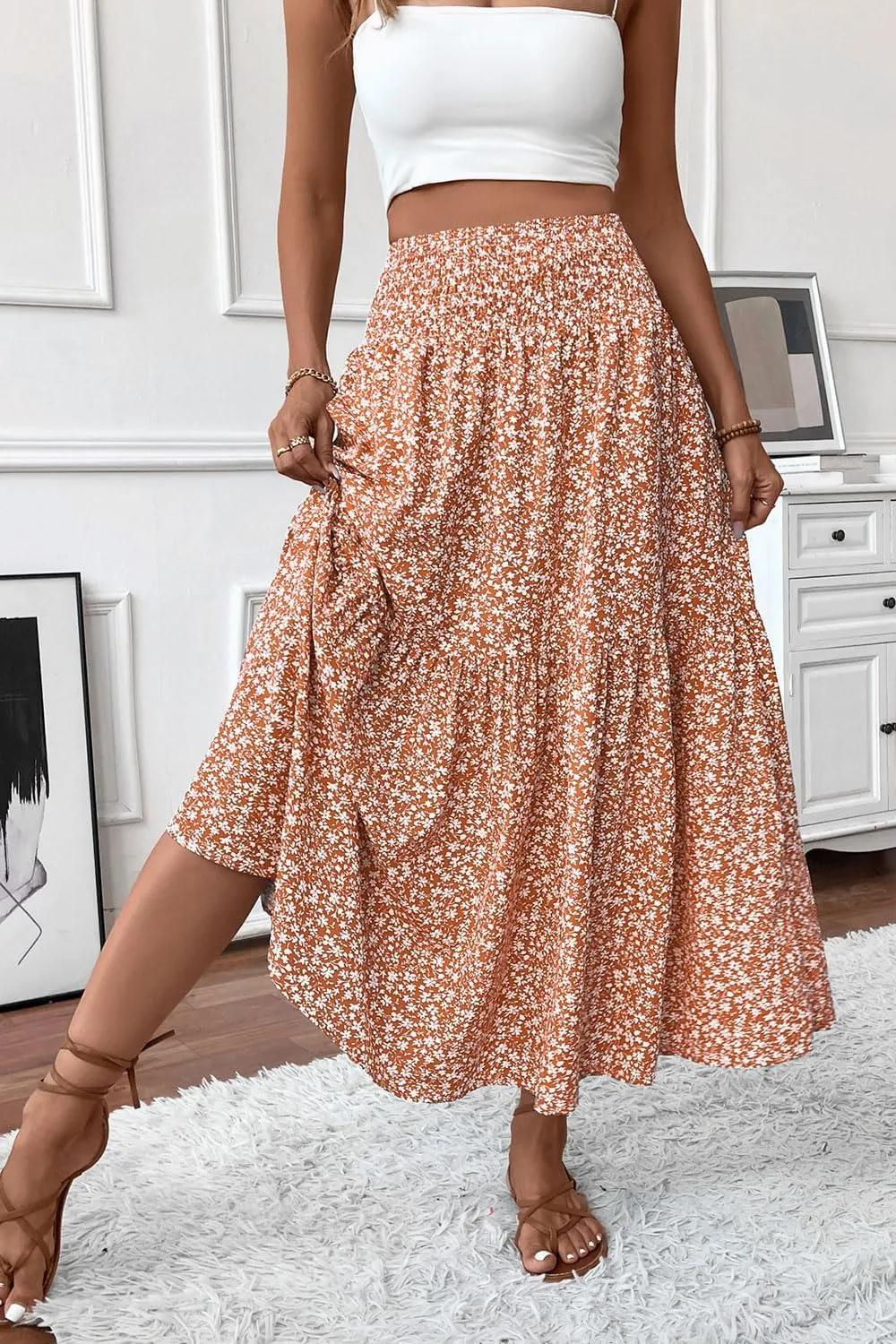 Women's Smocked High Waist Maxi Skirt Casual Boho Long Skirts with Pockets