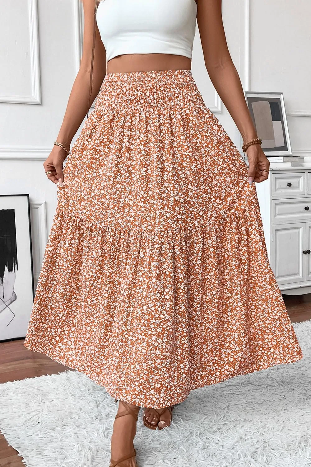 Women's Smocked High Waist Maxi Skirt Casual Boho Long Skirts with Pockets