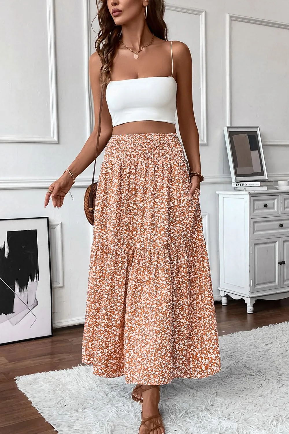 Women's Smocked High Waist Maxi Skirt Casual Boho Long Skirts with Pockets