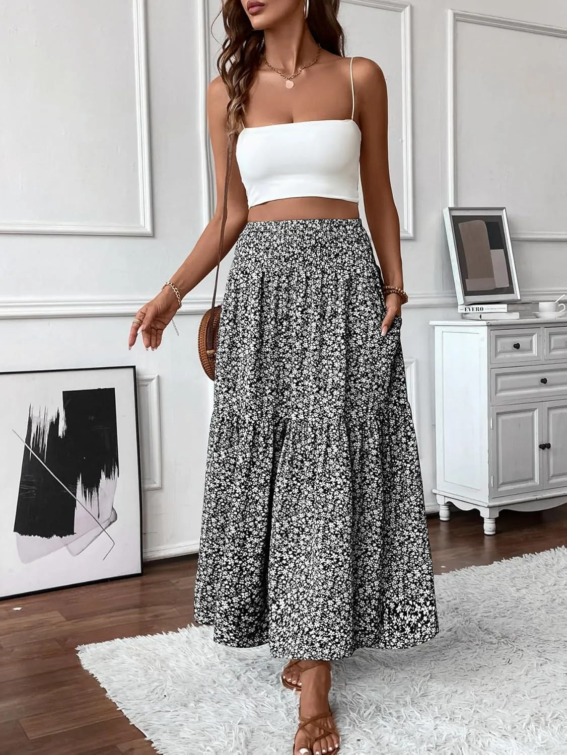 Women's Smocked High Waist Maxi Skirt Casual Boho Long Skirts with Pockets