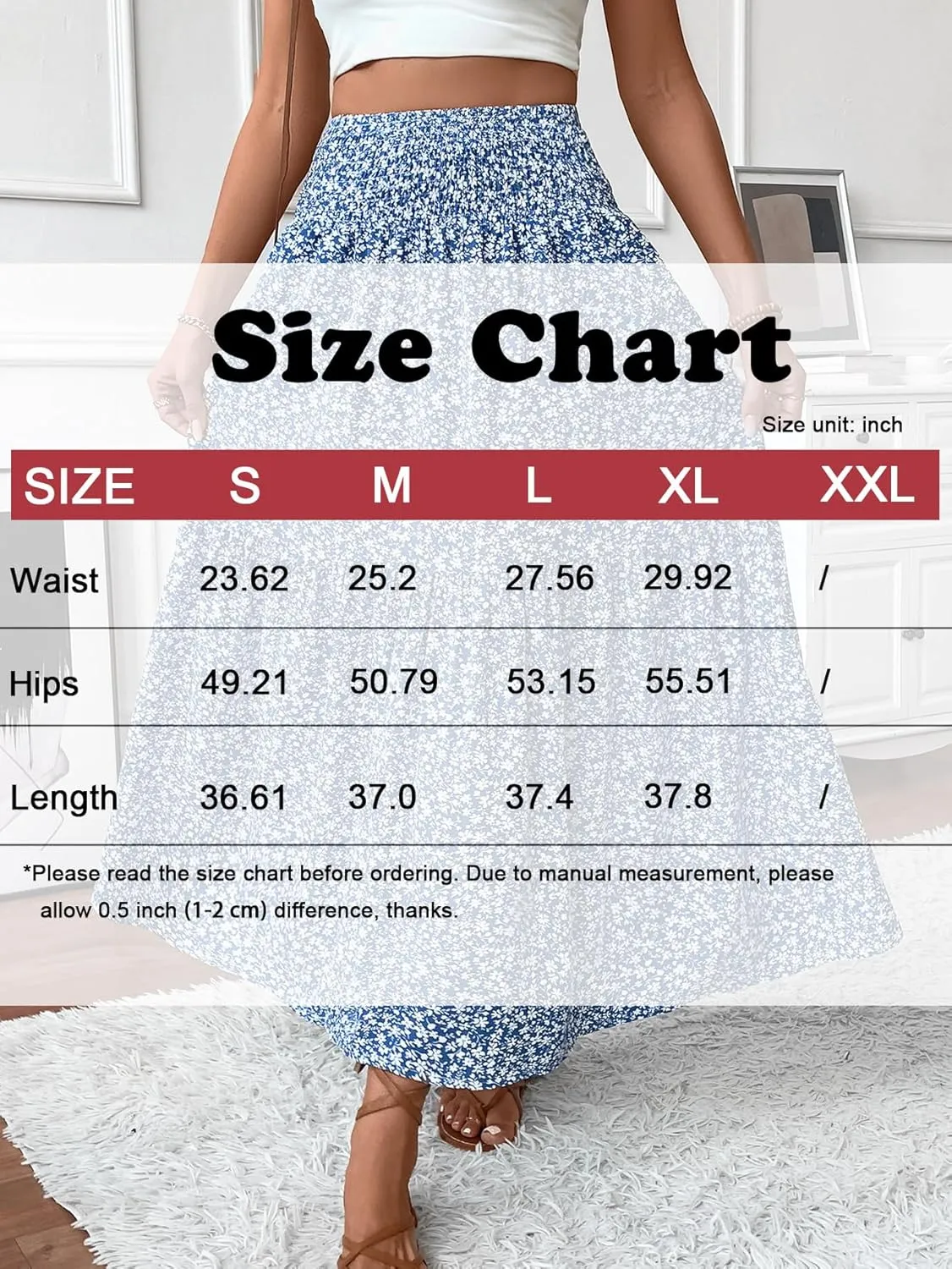 Women's Smocked High Waist Maxi Skirt Casual Boho Long Skirts with Pockets