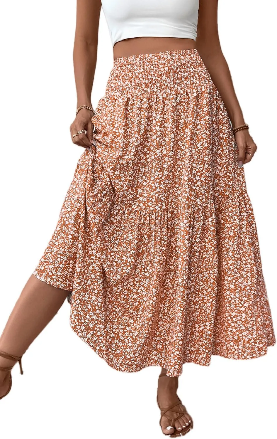 Women's Smocked High Waist Maxi Skirt Casual Boho Long Skirts with Pockets