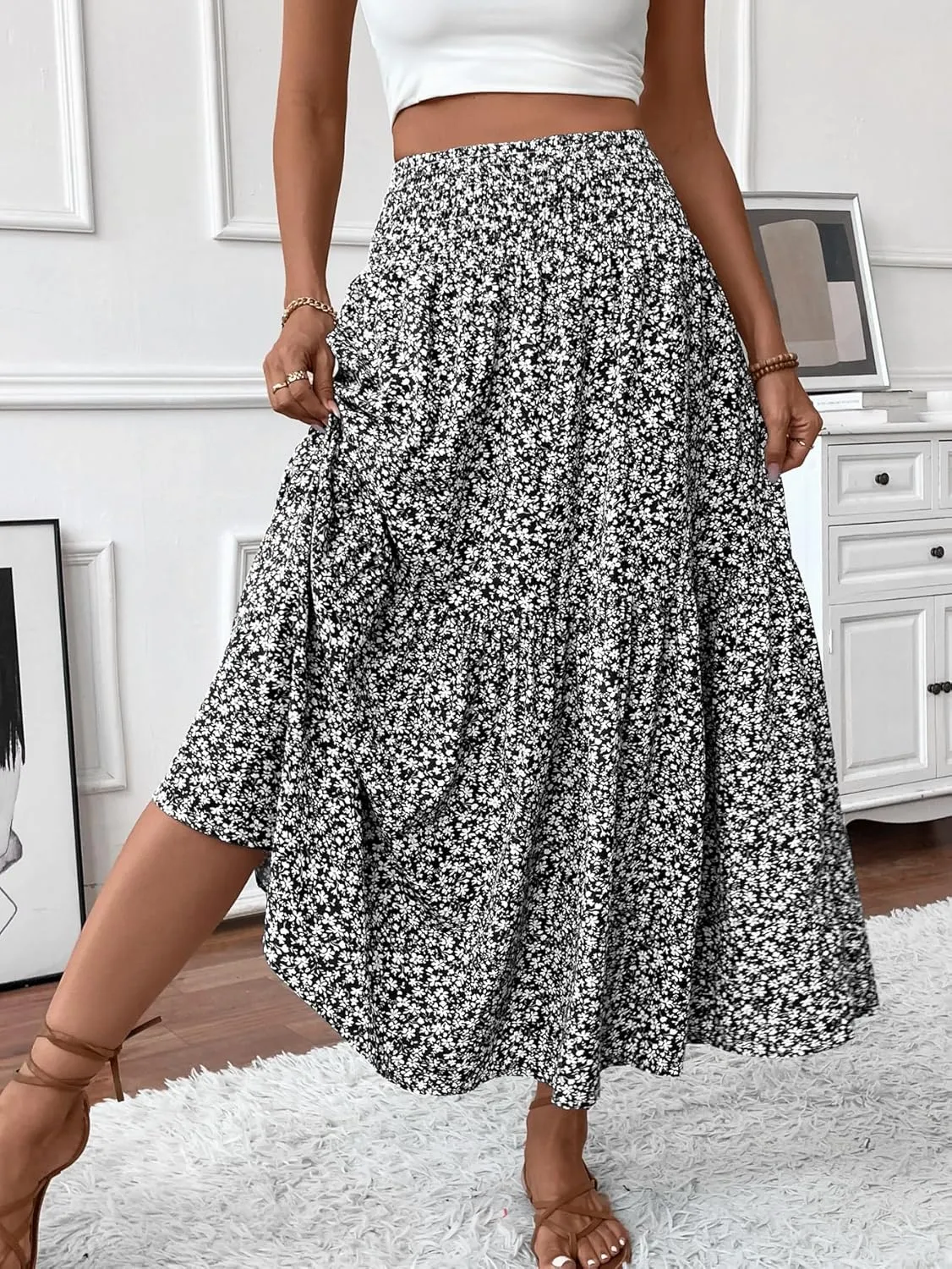 Women's Smocked High Waist Maxi Skirt Casual Boho Long Skirts with Pockets