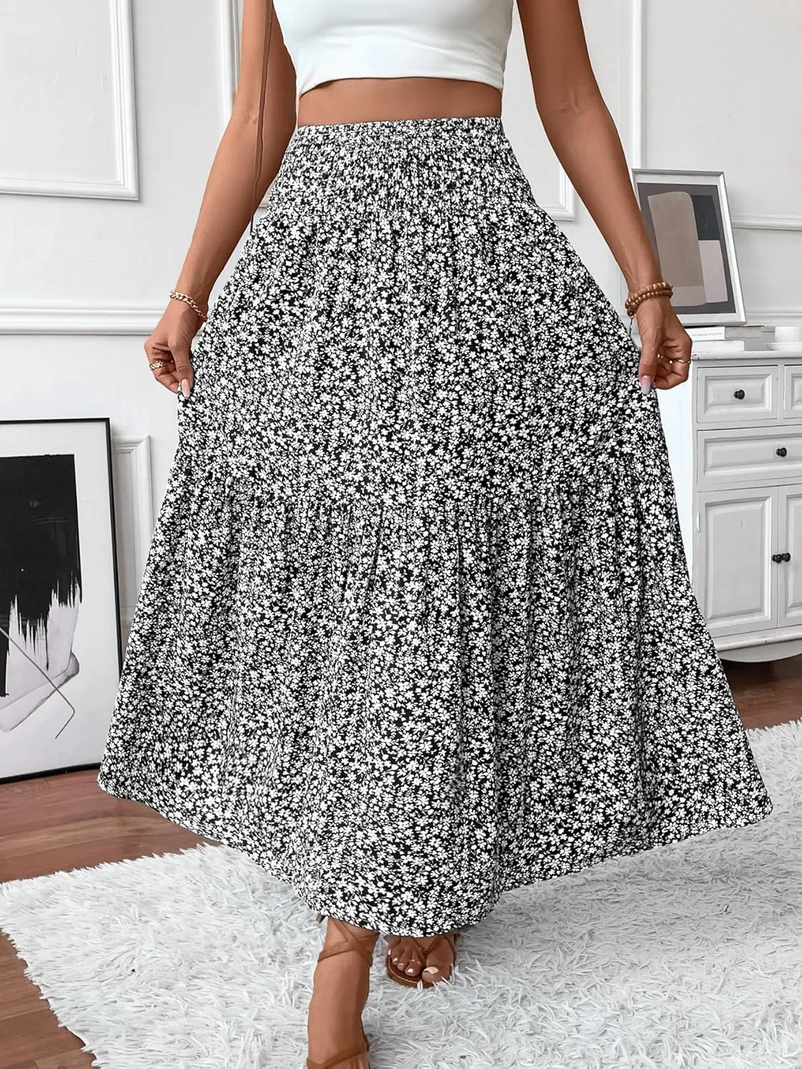 Women's Smocked High Waist Maxi Skirt Casual Boho Long Skirts with Pockets