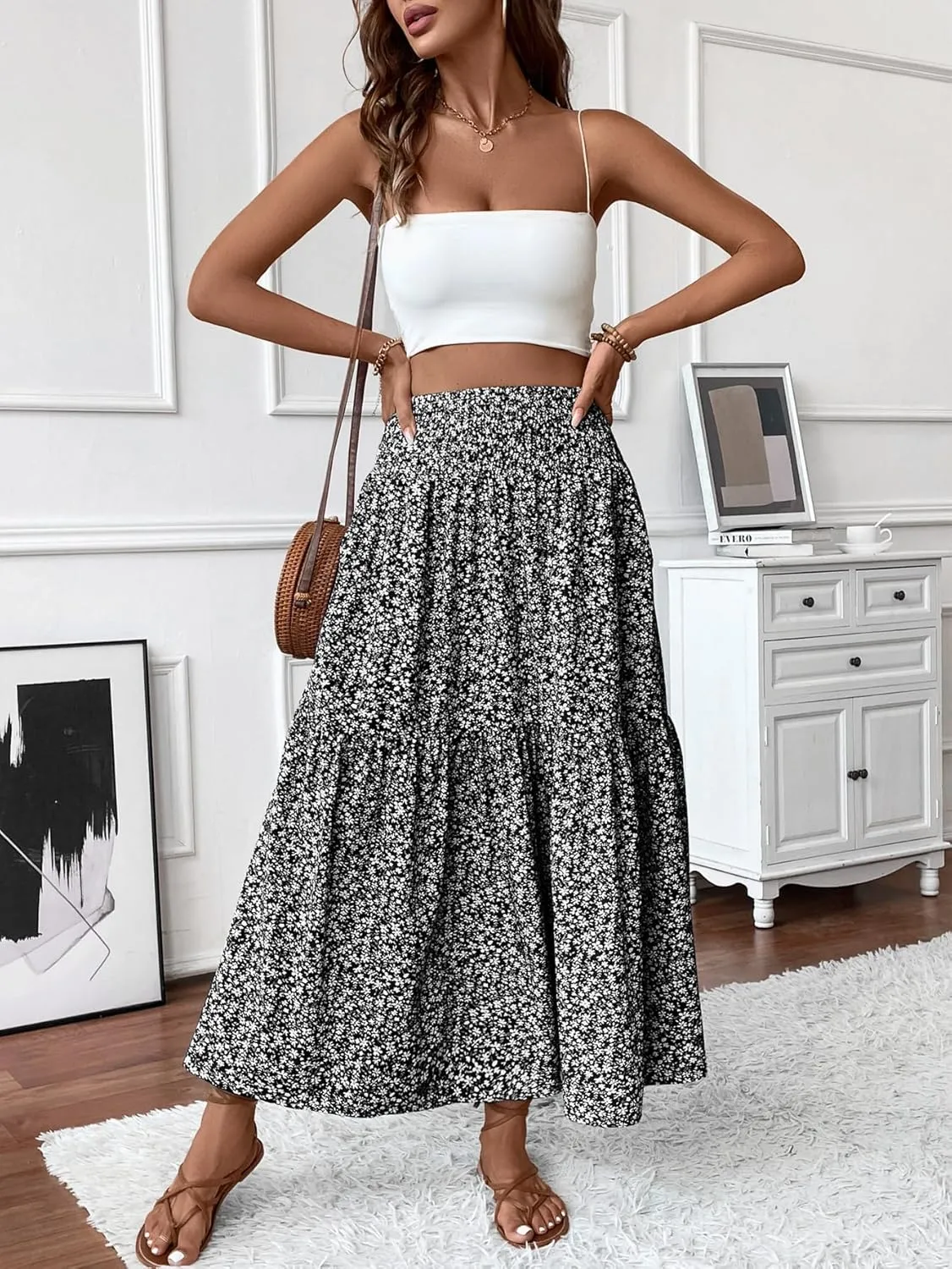 Women's Smocked High Waist Maxi Skirt Casual Boho Long Skirts with Pockets