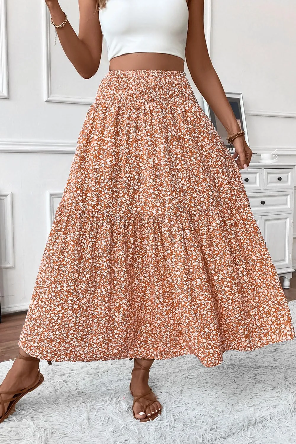 Women's Smocked High Waist Maxi Skirt Casual Boho Long Skirts with Pockets