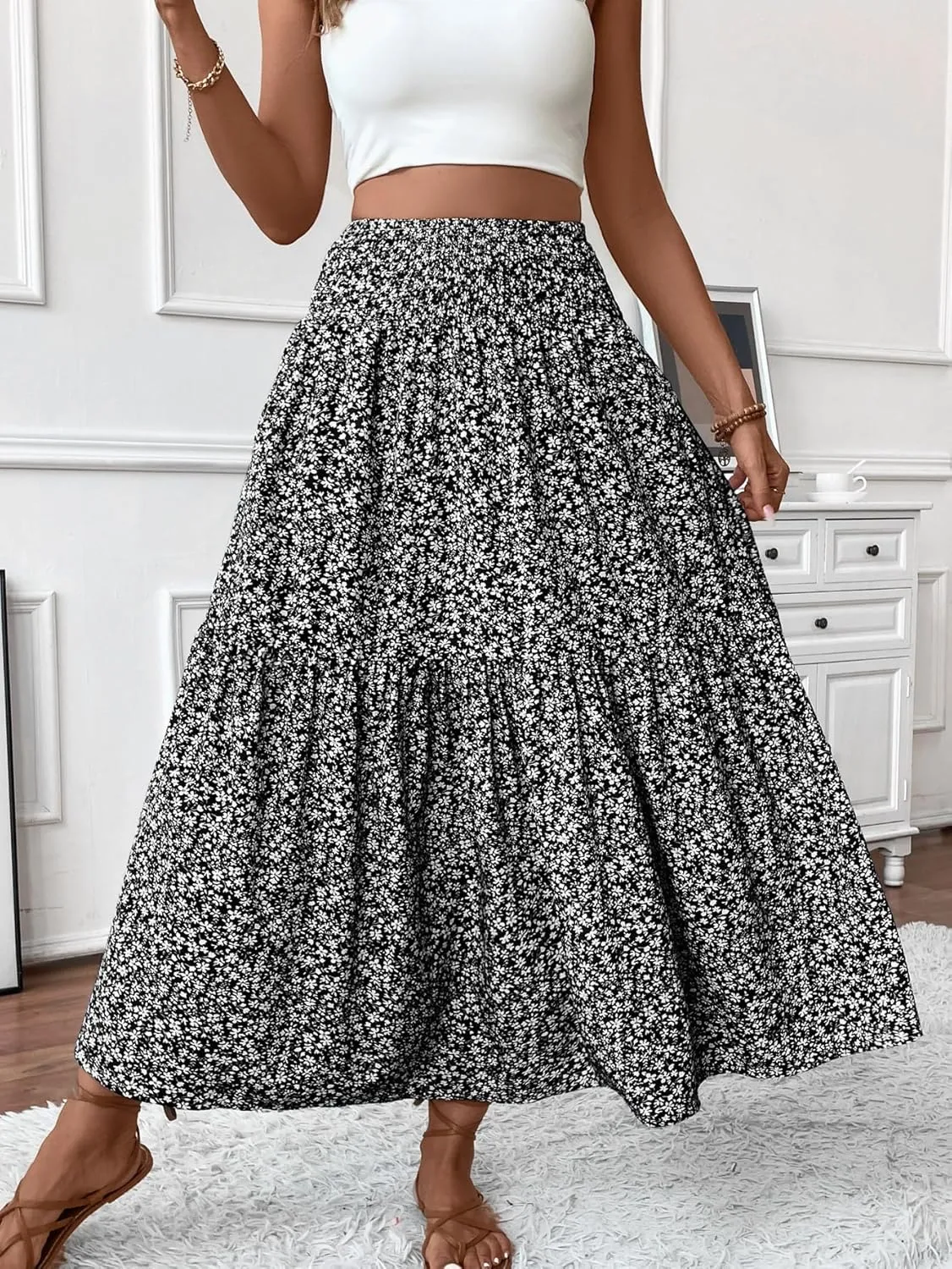 Women's Smocked High Waist Maxi Skirt Casual Boho Long Skirts with Pockets