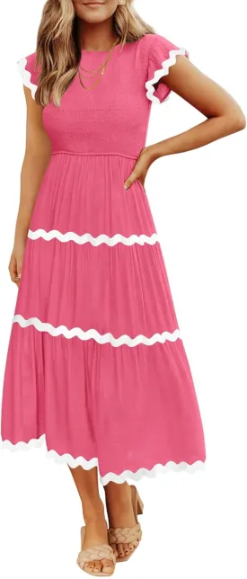 ZESICA Women's Summer Flutter Short Sleeve Smocked Midi Dress Casual High Waist Rickrack Tiered Flowy Dresses