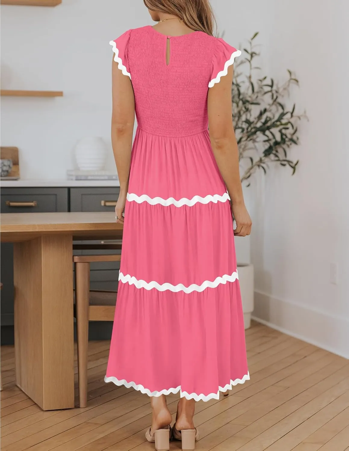 ZESICA Women's Summer Flutter Short Sleeve Smocked Midi Dress Casual High Waist Rickrack Tiered Flowy Dresses