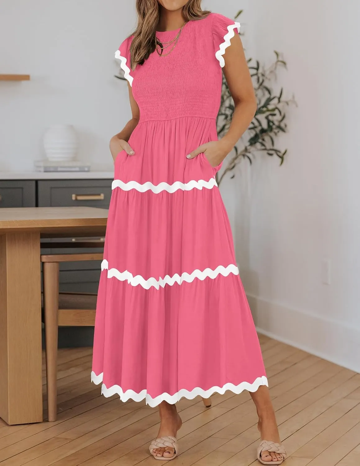 ZESICA Women's Summer Flutter Short Sleeve Smocked Midi Dress Casual High Waist Rickrack Tiered Flowy Dresses